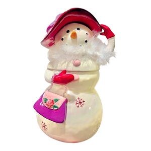 Vintage Red Hat Society Snowlady Cookie Jar ORIGINAL BOX and packaging